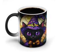 Jubonexis Stained Glass Halloween Black Kitten Color Changing Mugs Heat Changing Ceramic Coffee Mug Novelty Funny Tea Water Cup 11OZ