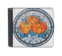 Jubonexis Stained Glass Halloween Pumpkins Spider Webs Soft PU Leather Bifold Wallet, Coin Purse Credit Pass Case, Durable Card-Holder Slim Billfold for Men Woman Money Storage