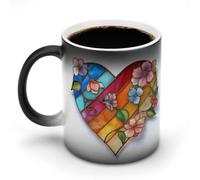 Jubonexis Stained Glass Heart Flower Color Changing Mugs Heat Changing Ceramic Coffee Mug Novelty Funny Tea Water Cup 11OZ
