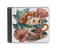 Jubonexis Stained Glass Hedgehog in Vintage Teacup Soft PU Leather Bifold Wallet, Coin Purse Credit Pass Case, Durable Card-Holder Slim Billfold for Men Woman Money Storage