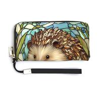 Jubonexis Stained Glass Hedgehog Wildflowers Daisies PU Leather Clutch Long Bifold Wallet, Coin Purse Credit Pass Case, Durable Card-Holder Money Storage for Women Men