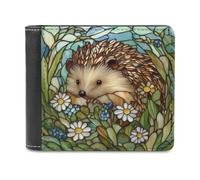 Jubonexis Stained Glass Hedgehog Wildflowers Daisies Soft PU Leather Bifold Wallet, Coin Purse Credit Pass Case, Durable Card-Holder Slim Billfold for Men Woman Money Storage
