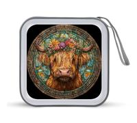 Jubonexis Stained Glass Highland Cow Flowers CD Case DVD Storage Case Portable for Car Home Travel