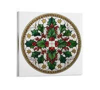 Jubonexis Stained Glass Holly And Mistletoe Mandala Canvas Wall Art Poster Painting Aesthetic Picture for Living Room Farmhouse Decor 16x16inch(40x40cm)