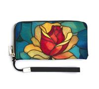 Jubonexis Stained Glass Hybrid Tea Rose PU Leather Clutch Long Bifold Wallet, Coin Purse Credit Pass Case, Durable Card-Holder Money Storage for Women Men