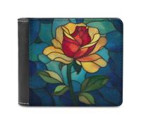 Jubonexis Stained Glass Hybrid Tea Rose Soft PU Leather Bifold Wallet, Coin Purse Credit Pass Case, Durable Card-Holder Slim Billfold for Men Woman Money Storage