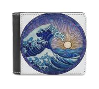 Jubonexis Stained Glass Large Blue Wave Soft PU Leather Bifold Wallet, Coin Purse Credit Pass Case, Durable Card-Holder Slim Billfold for Men Woman Money Storage