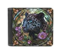 Jubonexis Stained Glass Leopard Flowers Fantasy Soft PU Leather Bifold Wallet, Coin Purse Credit Pass Case, Durable Card-Holder Slim Billfold for Men Woman Money Storage