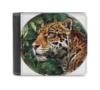 Jubonexis Stained Glass Leopard Green Plants Soft PU Leather Bifold Wallet, Coin Purse Credit Pass Case, Durable Card-Holder Slim Billfold for Men Woman Money Storage