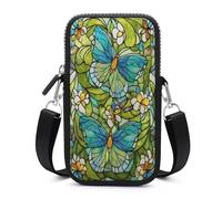 Jubonexis Stained Glass Lime Mint Green Butterflies Crossbody Mobile Phone Bag Smartphone Bag With Adjustable Strap
