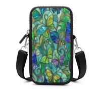 Jubonexis Stained Glass Lime Mint Green Butterflies Floral Crossbody Mobile Phone Bag Smartphone Bag With Adjustable Strap