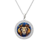 Jubonexis Stained Glass Lion Blue Round Pendant Necklace Silver Jewelry for Women