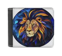 Jubonexis Stained Glass Lion Dark Blue Soft PU Leather Bifold Wallet, Coin Purse Credit Pass Case, Durable Card-Holder Slim Billfold for Men Woman Money Storage