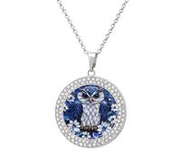 Jubonexis Stained Glass Majestic Owl Deep Blue Round Pendant Necklace Silver Jewelry for Women