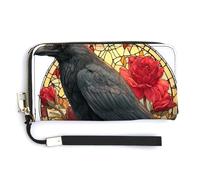 Jubonexis Stained Glass Majestic Raven Antique Book Rose PU Leather Clutch Long Bifold Wallet, Coin Purse Credit Pass Case, Durable Card-Holder Money Storage for Women Men