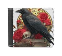 Jubonexis Stained Glass Majestic Raven Antique Book Rose Soft PU Leather Bifold Wallet, Coin Purse Credit Pass Case, Durable Card-Holder Slim Billfold for Men Woman Money Storage