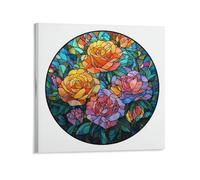 Jubonexis Stained Glass Mosaic Style Rose Flowers Canvas Wall Art Poster Painting Aesthetic Picture for Living Room Farmhouse Decor Unframed 16x16inch(40x40cm)