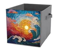 Jubonexis Stained Glass Mosaic The Sun Rising Clouds Waves Cube Storage Bins Storage Cubes Foldable Decorative Fabric Storage Baskets Home Organizers with Handles for Shelves,Closet, 27x27 CM