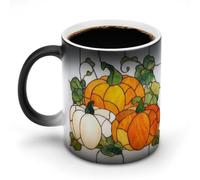 Jubonexis Stained Glass of Three Pumpkins Color Changing Mugs Heat Changing Ceramic Coffee Mug Novelty Funny Tea Water Cup 11OZ