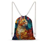 Jubonexis Stained Glass Orange Cat Autumn Leaves Drawstring Backpack Canvas String Bag Lightweight Sports Gym Bag for Men Women