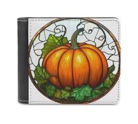 Jubonexis Stained Glass Orange Pumpkin Soft PU Leather Bifold Wallet, Coin Purse Credit Pass Case, Durable Card-Holder Slim Billfold for Men Woman Money Storage