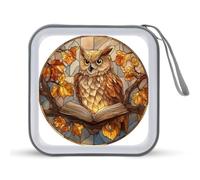Jubonexis Stained Glass Owl Reading Autumn Leaves CD Case DVD Storage Case Portable for Car Home Travel