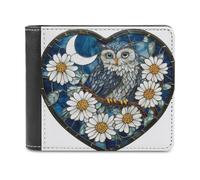 Jubonexis Stained Glass Owl White Flowers Moon Soft PU Leather Bifold Wallet, Coin Purse Credit Pass Case, Durable Card-Holder Slim Billfold for Men Woman Money Storage