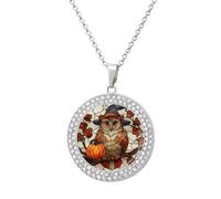 Jubonexis Stained Glass Owl Witch Hat Halloween Pumpkin Round Pendant Necklace Silver Jewelry for Women