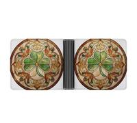 Jubonexis Stained Glass Panel Four Leaf Clover Motif Soft PU Leather Bifold Wallet, Coin Purse Credit Pass Case, Durable Card-Holder Slim Billfold for Men Woman Money Storage