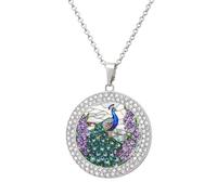 Jubonexis Stained Glass Peacock And Flowers Round Pendant Necklace Silver Jewelry for Women