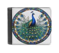 Jubonexis Stained Glass Peacock Surrealism Soft PU Leather Bifold Wallet, Coin Purse Credit Pass Case, Durable Card-Holder Slim Billfold for Men Woman Money Storage