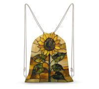 Jubonexis Stained Glass Piece A Sunflower And Leaves Drawstring Backpack Canvas String Bag Lightweight Sports Gym Bag for Men Women