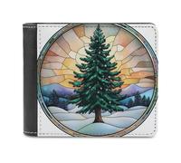Jubonexis Stained Glass Pine Tree Snowy Winter Sunset Soft PU Leather Bifold Wallet, Coin Purse Credit Pass Case, Durable Card-Holder Slim Billfold for Men Woman Money Storage