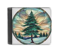 Jubonexis Stained Glass Pine Tree Winter Sunset Soft PU Leather Bifold Wallet, Coin Purse Credit Pass Case, Durable Card-Holder Slim Billfold for Men Woman Money Storage