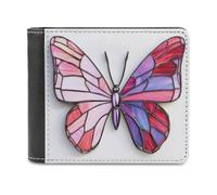 Jubonexis Stained Glass Pink Butterfly with Red Wings Soft PU Leather Bifold Wallet, Coin Purse Credit Pass Case, Durable Card-Holder Slim Billfold for Men Woman Money Storage