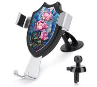Jubonexis Stained Glass Pink Peony Flowers Car Phone Holder Mount Triangle Clip Base Air Vent Cell Phone Car Mount Automotive Accessories for 4-6 Inches Cell Smartphones