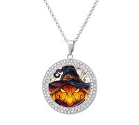 Jubonexis Stained Glass Pumpkin-headed Witch Round Pendant Necklace Silver Jewelry for Women