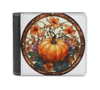 Jubonexis Stained Glass Pumpkin Leaves Flowers Soft PU Leather Bifold Wallet, Coin Purse Credit Pass Case, Durable Card-Holder Slim Billfold for Men Woman Money Storage