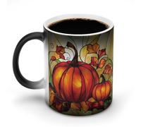 Jubonexis Stained Glass Pumpkins Autumn Leaves Color Changing Mugs Heat Changing Ceramic Coffee Mug Novelty Funny Tea Water Cup 11OZ
