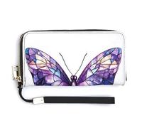 Jubonexis Stained Glass Purple and Blue Butterfly PU Leather Clutch Long Bifold Wallet, Coin Purse Credit Pass Case, Durable Card-Holder Money Storage for Women Men