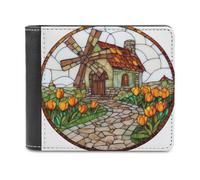 Jubonexis Stained Glass Quaint Windmill Cottage Soft PU Leather Bifold Wallet, Coin Purse Credit Pass Case, Durable Card-Holder Slim Billfold for Men Woman Money Storage
