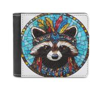 Jubonexis Stained Glass Raccoon Feather Headdresses Soft PU Leather Bifold Wallet, Coin Purse Credit Pass Case, Durable Card-Holder Slim Billfold for Men Woman Money Storage