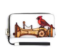 Jubonexis Stained Glass Red Bird and Antique Sewing Machine PU Leather Clutch Long Bifold Wallet, Coin Purse Credit Pass Case, Durable Card-Holder Money Storage for Women Men
