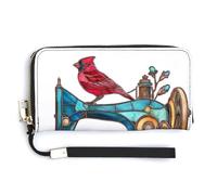 Jubonexis Stained Glass Red Bird on Sewing Machine PU Leather Clutch Long Bifold Wallet, Coin Purse Credit Pass Case, Durable Card-Holder Money Storage for Women Men