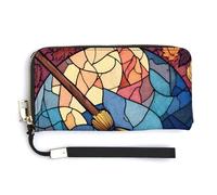 Jubonexis Stained Glass Retro Wizard's Broom PU Leather Clutch Long Bifold Wallet, Coin Purse Credit Pass Case, Durable Card-Holder Money Storage for Women Men