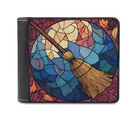 Jubonexis Stained Glass Retro Wizard's Broom Soft PU Leather Bifold Wallet, Coin Purse Credit Pass Case, Durable Card-Holder Slim Billfold for Men Woman Money Storage