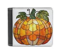 Jubonexis Stained Glass Rich Orange Pumpkin Soft PU Leather Bifold Wallet, Coin Purse Credit Pass Case, Durable Card-Holder Slim Billfold for Men Woman Money Storage