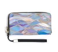 Jubonexis Stained Glass Rolling Ocean Waves Pastel Blues PU Leather Clutch Long Bifold Wallet, Coin Purse Credit Pass Case, Durable Card-Holder Money Storage for Women Men