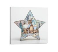 Jubonexis Stained Glass Romantic Snowy Village Church Canvas Wall Art Poster Painting Aesthetic Picture for Living Room Farmhouse Decor 16x16inch(40x40cm)
