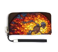 Jubonexis Stained Glass Skeletal Figure Running PU Leather Clutch Long Bifold Wallet, Coin Purse Credit Pass Case, Durable Card-Holder Money Storage for Women Men